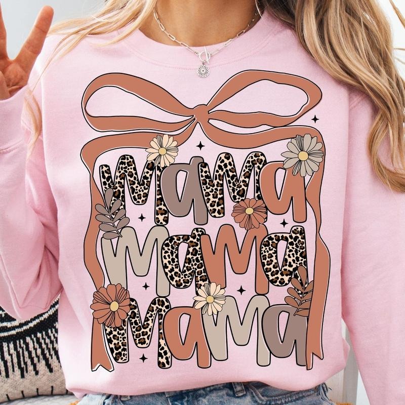 Leopard Mama Flower Coquette Bow Tee, Retro Mama Sweatshirt, Mama Boho Floral Tee, Mother's Day Gift Hoodie