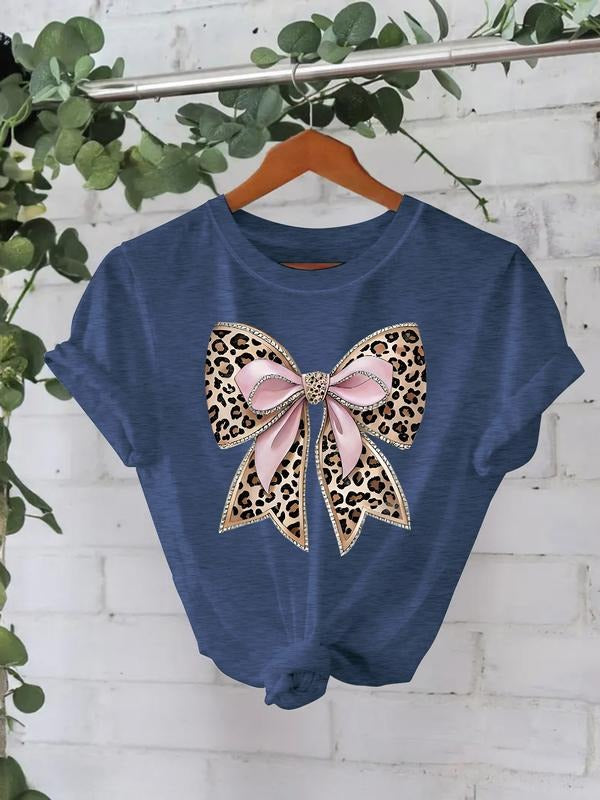 Leopard Print Bowknot Floral Casual Summer Top, Round Neck Short Sleeve Fitted T-Shirt, Comfortable Breathable Women's...