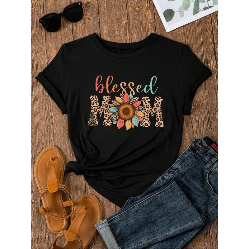 Leopard Print Letter & Floral Pattern Short Sleeve T-Shirt, Round Neck, For Mother's Day, Casual Summer Graphic Tees...
