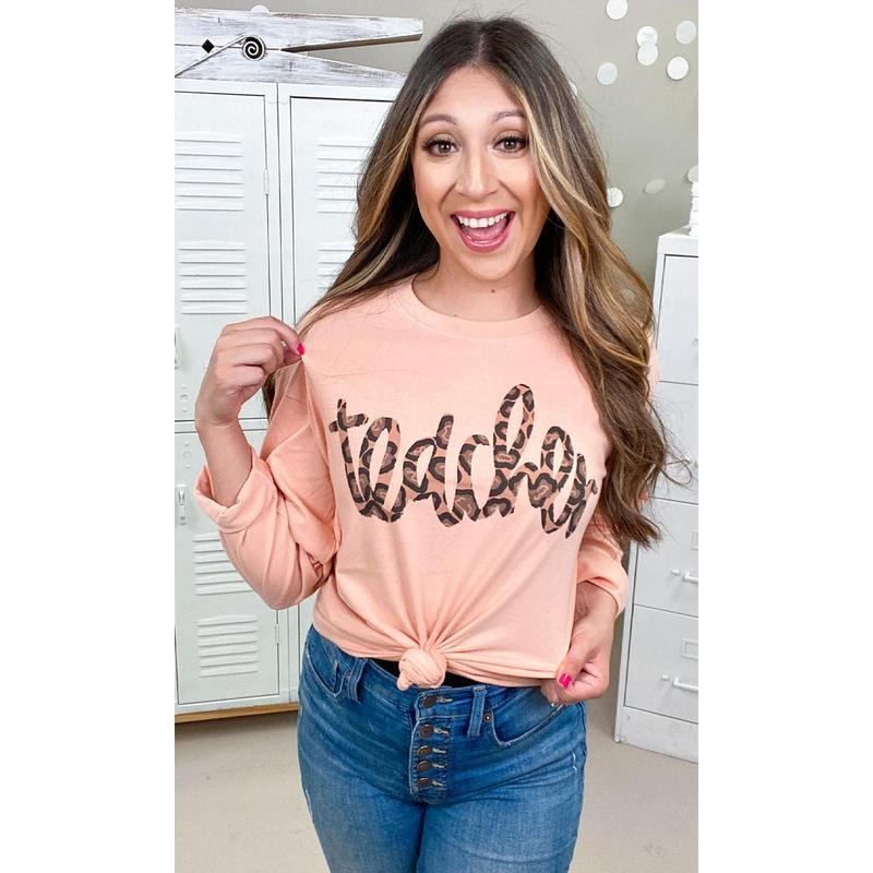 Leopard Script Teacher Graphic Boyfriend Long Sleeve T-Shirt Hoodie, Sweatshirt | UrbanDripWear.com