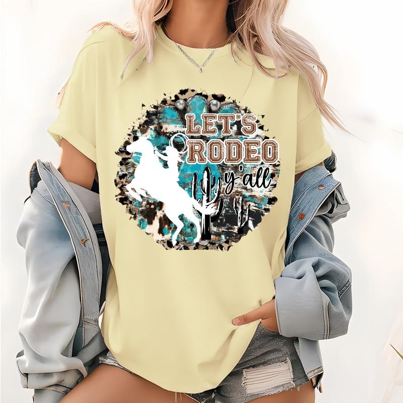 Let's Rodeo Y'all Print T Shirt, Western png, Horses png, Western Pattern Tops, Hoedown Tee, Stampede Graphic Shirt,...