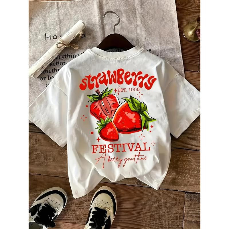 Letter And Strawberry Print Round Neck T-Shirt, Casual Short Sleeve T-Shirt, Suitable for Spring And Summer, Women'S Wear...