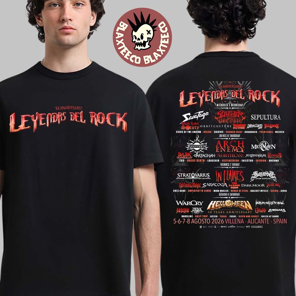 Leyendas Del Rock 2026 20Th Anniversary Full Lineup In Alicante Spain At Villena On 5 6 7 8 August 2026 Two Sided T-Shirt
