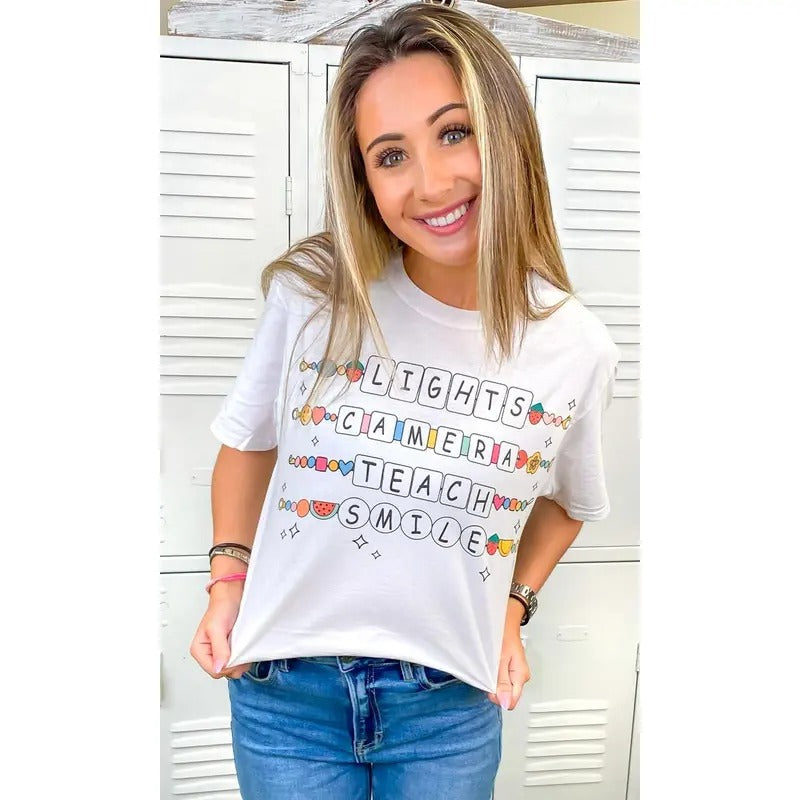 Lights Camera Teach Smile White Graphic T-Shirt Hoodie, Sweatshirt | UrbanDripWear.com