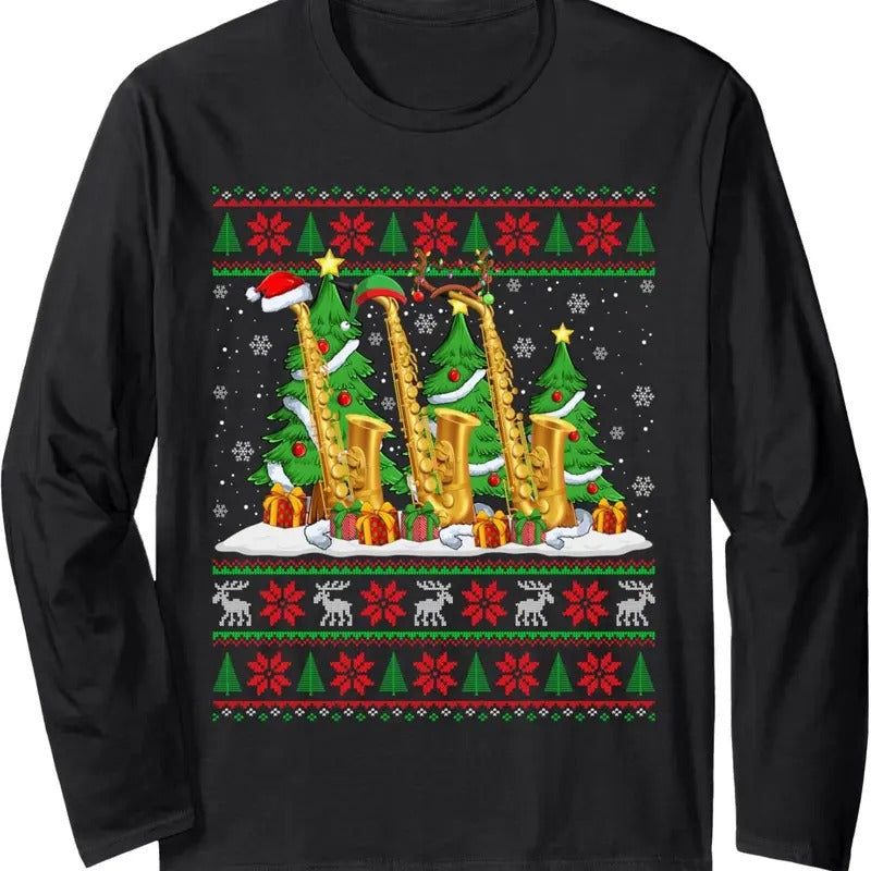 Lights Xmas Sweater Style Ugly Santa Saxophone Christmas Long Sleeve T-Shirt Hoodie, Sweatshirt | UrbanDripWear.com