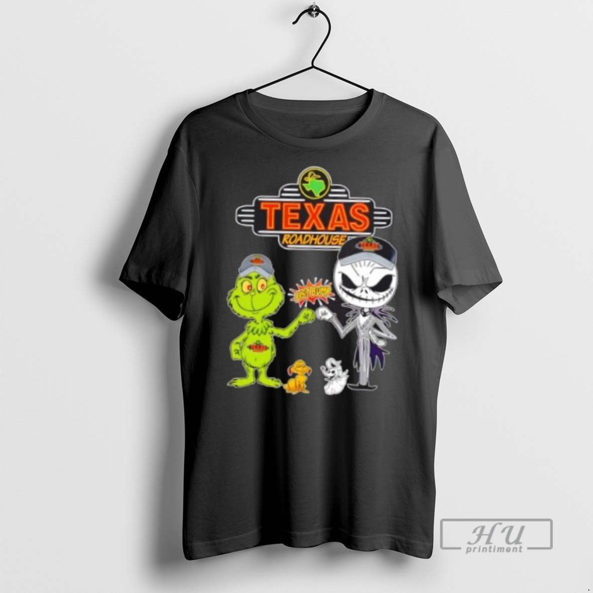 Limited Edition Texas Roadhouse X Grinch And Jack Skellington Fist Bump Uniwilling Friends Graphic Tee