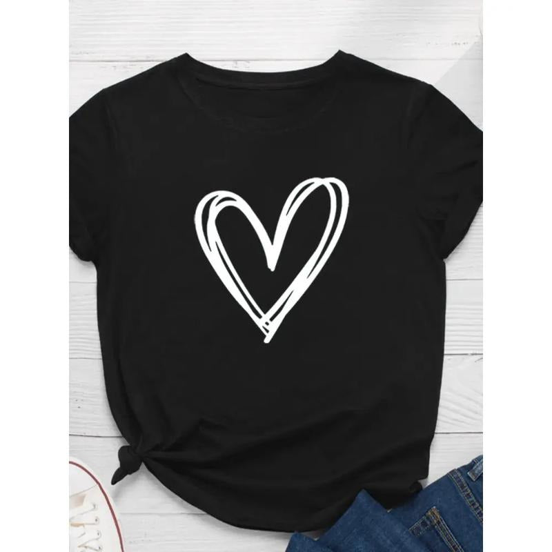 Line Heart Print Women T Shirt Short Sleeve Neck Loose Women Tshirt Ladies Tee Shirt Tops Clothes Hoodie, Sweatshirt
