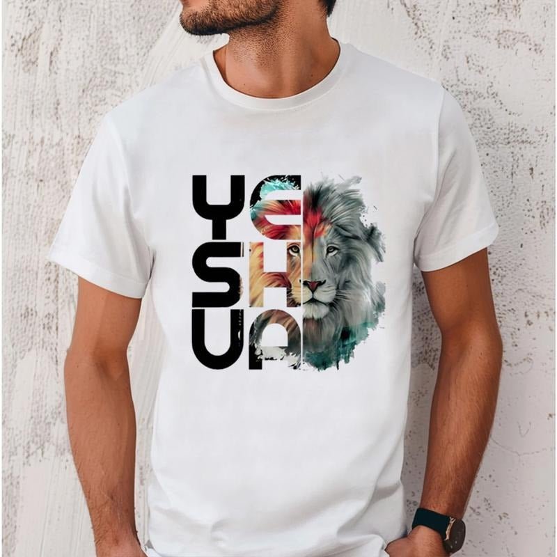Lion And Yeshua Christian Tshirt  Pure Cotton Fabric Casual Streetstyle Crew Neck Short Sleeve T-Shirt Trendy Tops for...