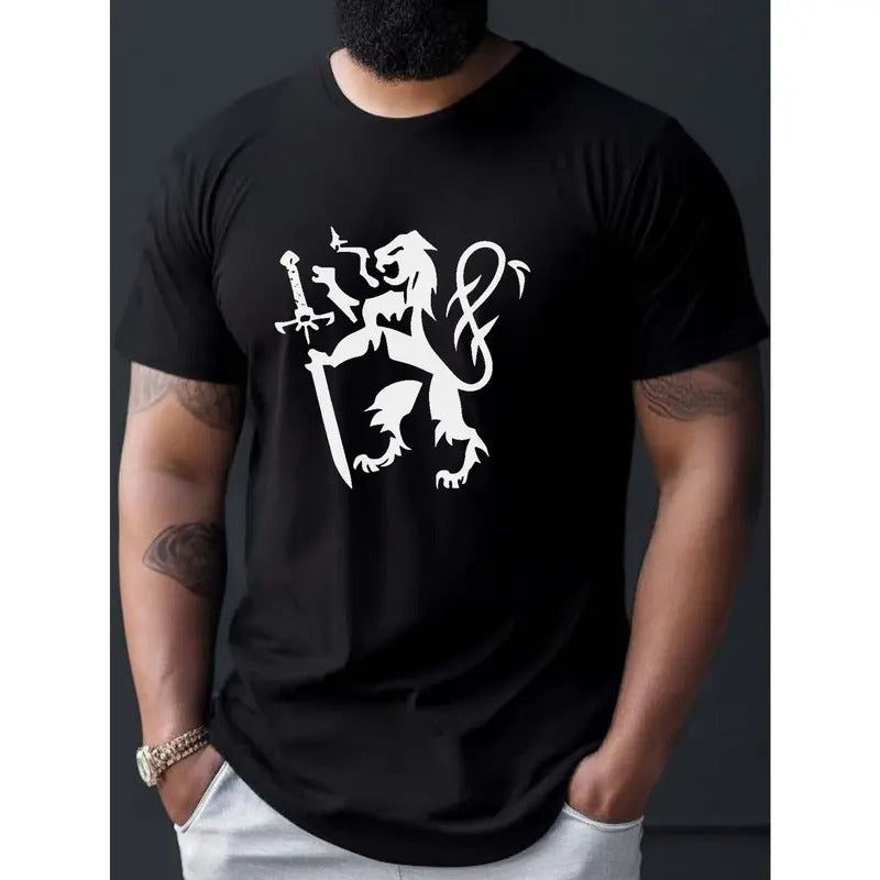 Lion Print Tee Shirt, Men's Fashion Casual Round Neck Summer T-shirt, Comfy Versatile Outdoor Top For Daily Wear Made in...
