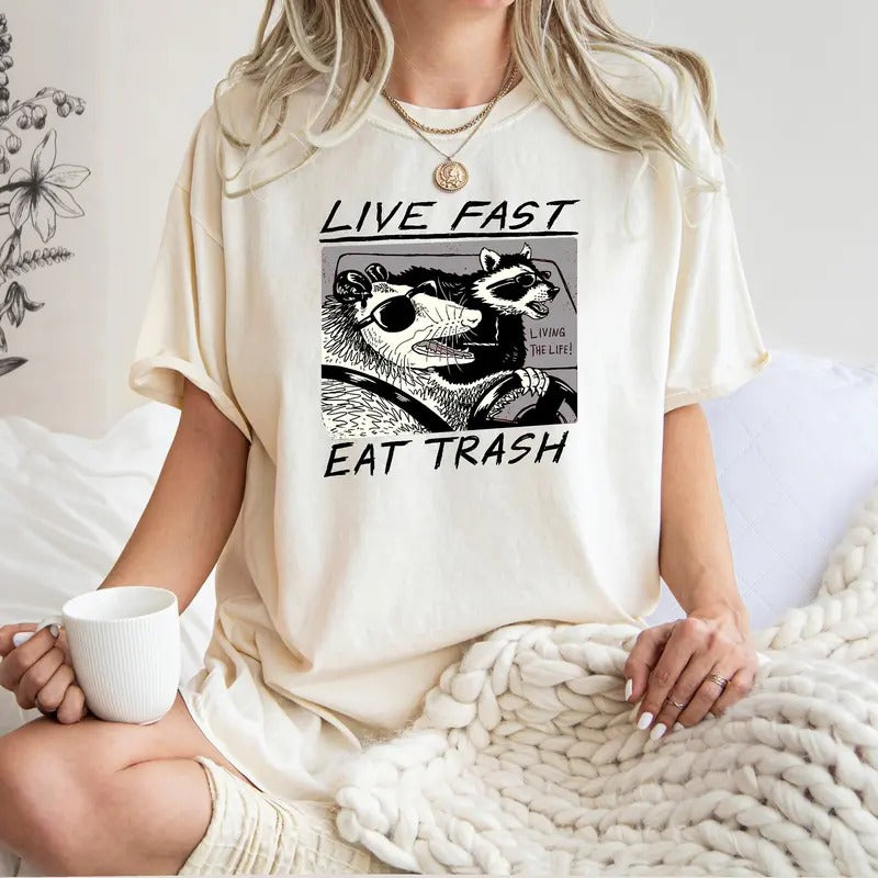 Live Fast Eat Trash T-Shirt, Raccoon T-Shirt, Funny Animal T-Shirt Hoodie, Sweatshirt | UrbanDripWear.com