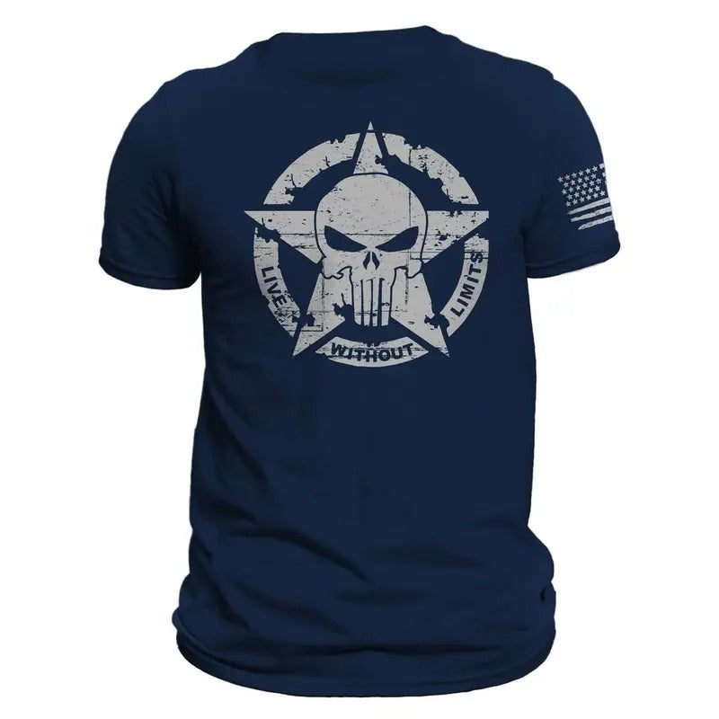 Live Without Limits US Skull Distressed Design With Flag on Sleeve Men's T-Shirt Hoodie, Sweatshirt | UrbanDripWear.com