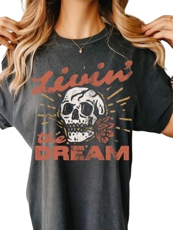Livin' the dream skull comfort colors graphic tee | retro grunge garment dyed shirt Hoodie, Sweatshirt | UrbanDripWear.com