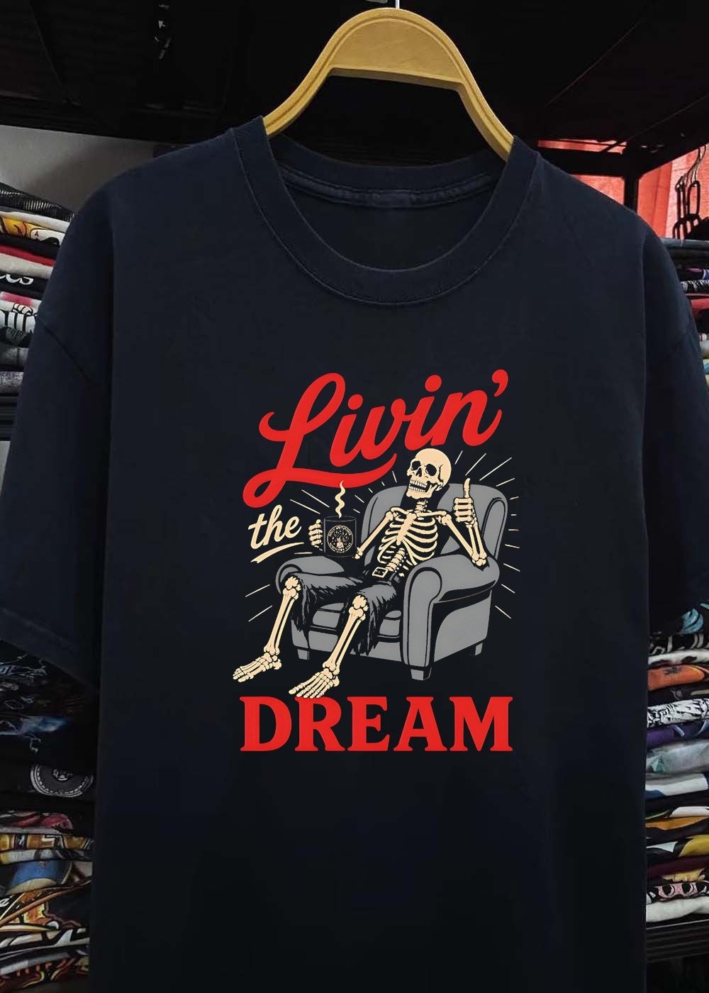 Livin the Dream Skeleton Relaxing in Armchair T-Shirt