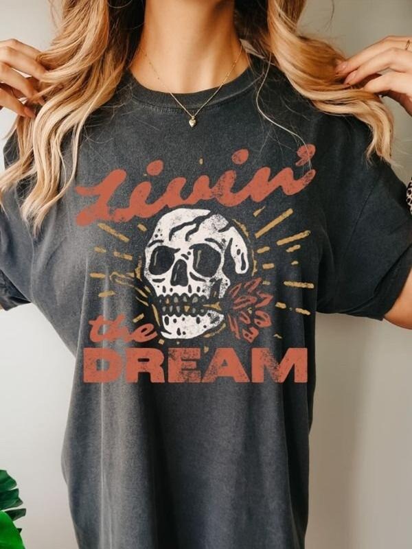 Livin the Dream Tee, Dreamer TShirt, Cute Skeleton T Shirt, Boho Western Shirt Hoodie, Sweatshirt | UrbanDripWear.com