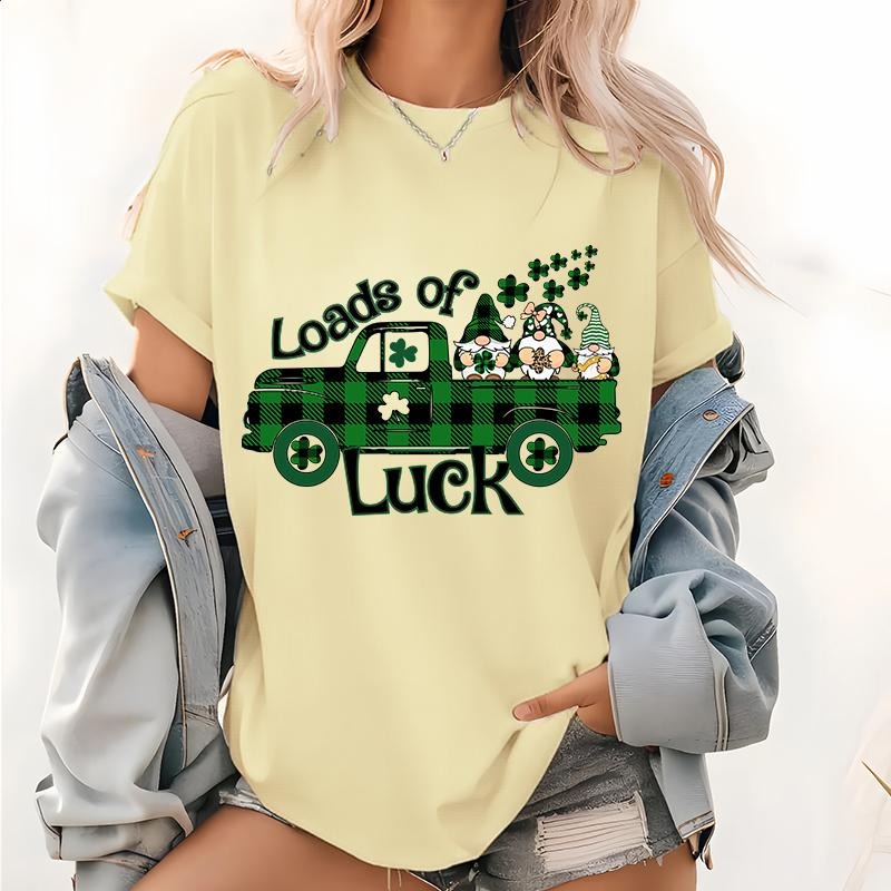 Loads Of Luck Shamrocks Family Truck Pattern T Shirt, St. Patrick's Day Funny Tops, Short Sleeve Plaid Four-leaf Clover...