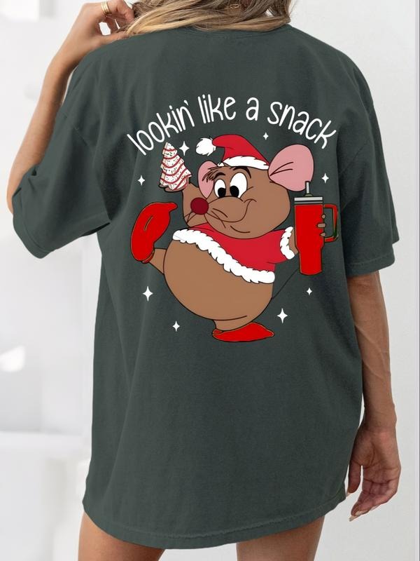 "Lookin' Like A Snack" Christmas Mouse Oversized Tee - Women's Vintage Washed Front & Back Graphic T-Shirt, Casual Holiday Outfit