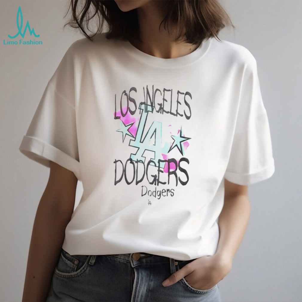 Los Angeles Dodgers Y2K Stars Logo Pink and Teal Graphic T Shirt
