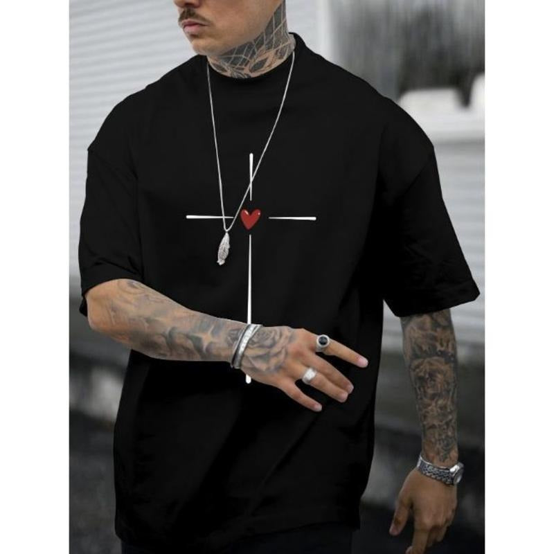 Love Heart Graphic Print Men's Creative Top, Casual Short Sleeve Crew Neck T-shirt, Men's Clothing For Summer Outdoor...