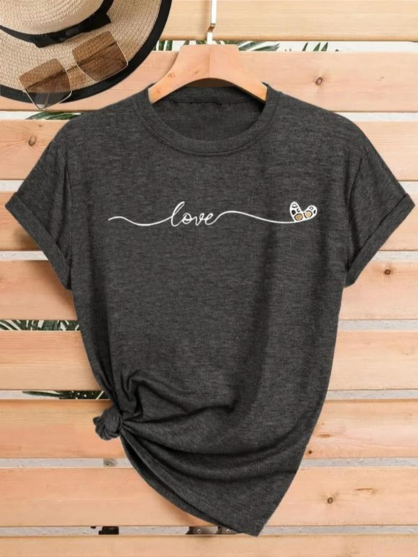 Love Heart Print Vintage Style Women's Summer Casual Sporty Shirt Round Neck Short Sleeve T-Shirt S-XXL, Knit Fabric,...