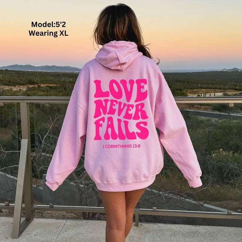 Love Never Fails Hoodie Bible Verse Christian Hoodie Preppy Christian Sweatshirt Cotton Womenswear T-Shirts