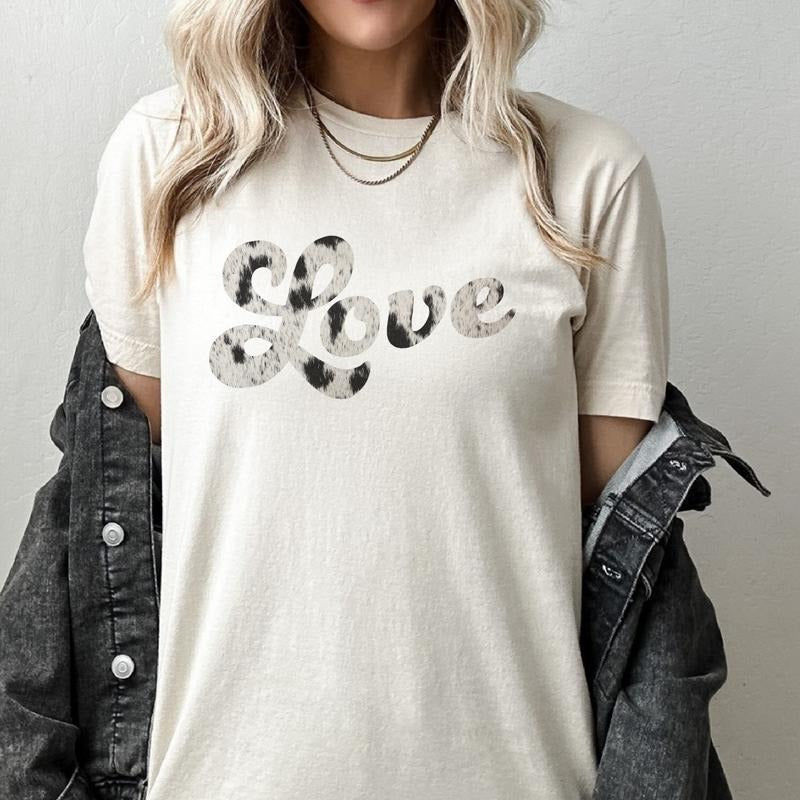 Love T-Shirt Neutral Love Tshirt Cowhide Love Cursive Tee Country Valentine T-Shirt Cowhide Country Tee Womens...