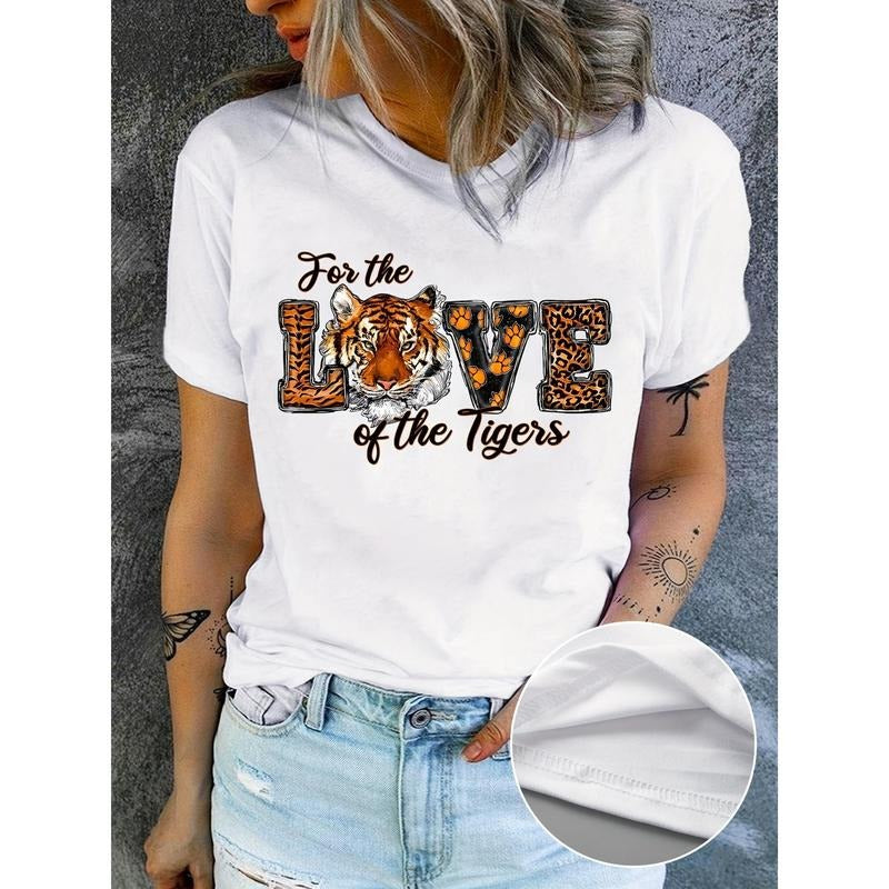 Love Tigers Valentine's Day Women's T-Shirt - Soft Polyester, Casual Crew Neck, Semi-Sheer with Geometric Pattern,...