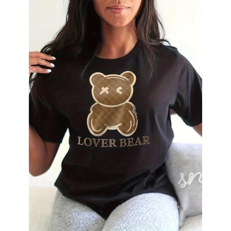 Lover Bear Print T-Shirt, Short Sleeve Crew Neck Casual Top For Summer & Spring, Women's Clothing Hoodie, Sweatshirt