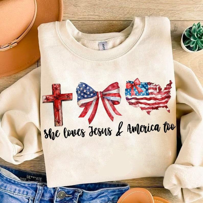 Loves Jesus and America Too, Coquette American Flag, Independence Day, Christian Cross, Freedom, Red White Blue  T-shirt,...
