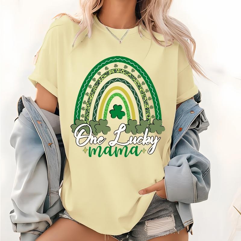 Lucky Mama Pattern T Shirt, St. Patricks Day Short Sleeve Tops, Green Rainbow Tee, Mom Comfort Colors Lucky T-Shirt,...
