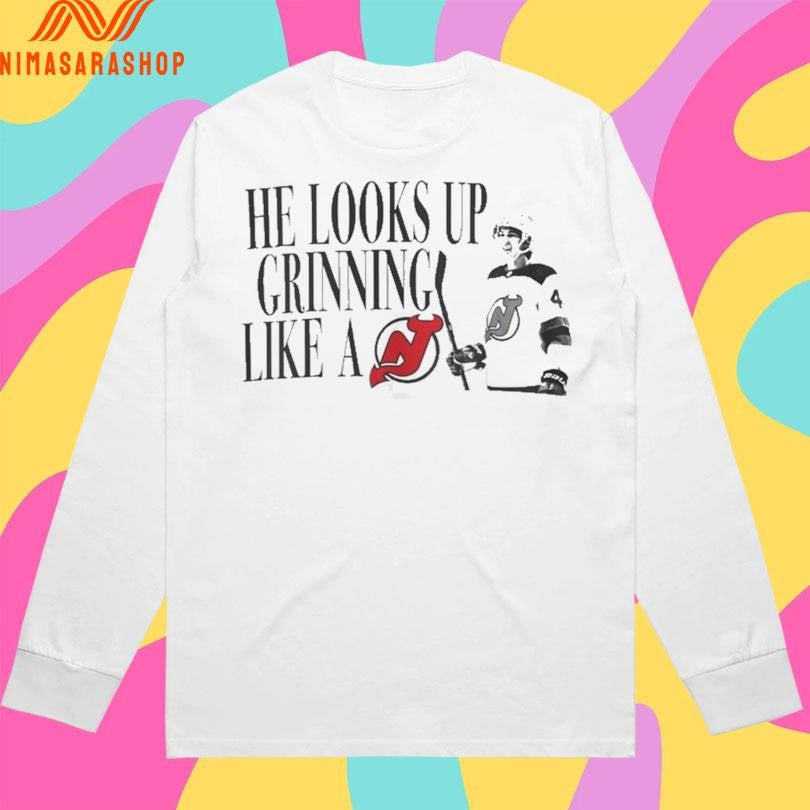 Luke Hughes He Looks Up Grinning Like A Devil New Jersey Devils Hockey Boy Shirts