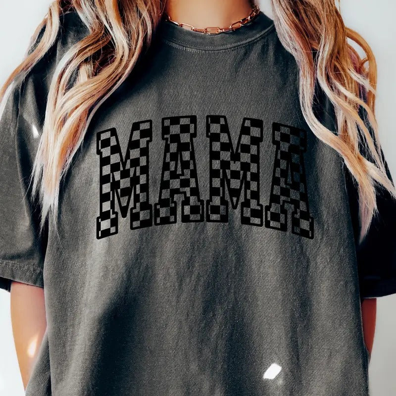 MAMA T-SHIRT RETRO CHECKERED SHIRT, COMFORT COLORS CASUAL COTTON T-SHIRT FOR MOMS Fabric Top Hoodie, Sweatshirt