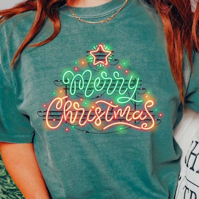 MERRY CHRISTMAS NEON T-SHIRT (COMFORT COLORS T-SHIRT, CASUAL SHIRT UNISEX, CHRISTMAS CLOTHING, GRAPHIC APPAREL, HOLIDAY...