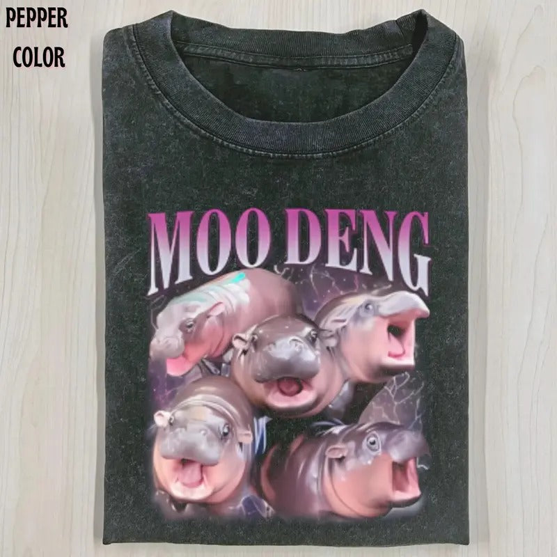 MOO DENG HIPPO T-Shirt for Women - Animal Funny Vintage Graphic 90 - Short Sleeve Tee