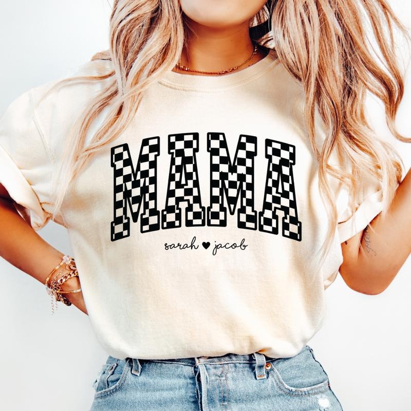 MOTHER'S DAY SHIRT, CUSTOM MAMA NAME SHIRT, CHECKERED MAMA #2 SHIRT, COMFORT COLORS CASUAL COTTON T-SHIRT Fabric Top...
