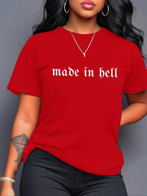 Made in Hell Slogan Print Round Neck Tee, Fashion Casual Crew Neck T-Shirt for Daily Holiday Vacation Outdoor Wear, Women...