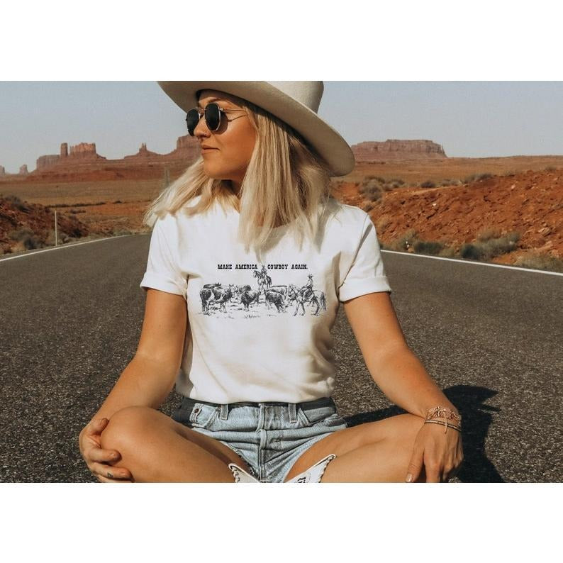 Make America Cowboy Again Sweatshirt, Cowboy Shirt, Western Shirt, 4th Of July Shirt, Western Shirt, Patriotic Shirt,...