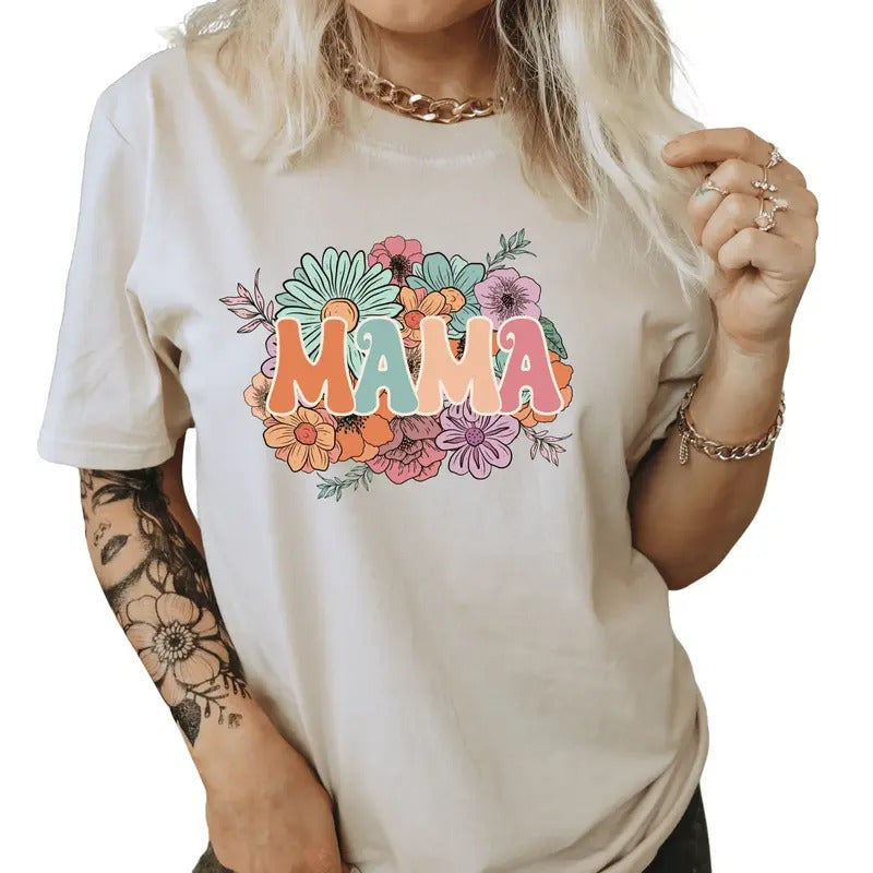 Mama Casual Everyday T-Shirt. Mama with spring flowers shirt. Perfect Mom Gift Hoodie, Sweatshirt | UrbanDripWear.com