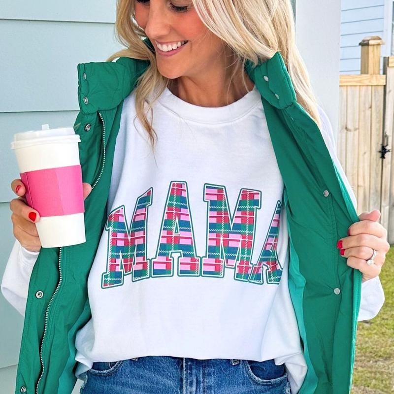 'Mama Christmas Plaid' Crewneck, Mom's Holiday Go-To Sweatshirt T-Shirts, Hoodie | UrbanDripWear.com