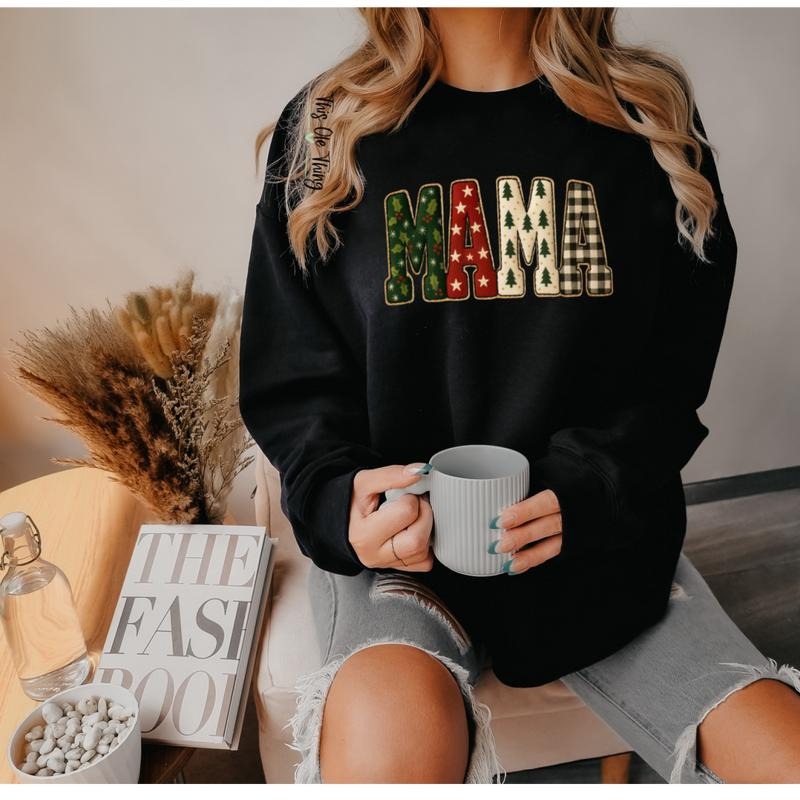 Mama Faux Quilt Holiday Sweatshirt Pullover Womenswear Tops Long Sleeve Crewneck with Festive Design for Comfort...