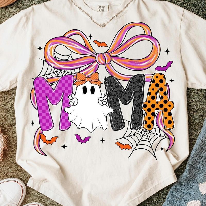 Mama Halloween Coquette Shirt Preppy Halloween Mama Bow Pumpkin Mama Gifts Cozy Fall Gift for Her Casual Breathable Top...