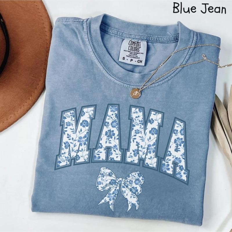 Mama Shirt, Blue Ribbon Shirt, Mothers Day Gift, Girly Aesthetic Gift For Mom, Cute Mom Shirt, Bow Shirt, Chinoiserie...