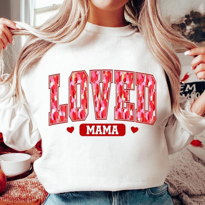 Mama Valentine Loved Mama Retro Valentine Sweatshirt , Brushstroke , Mama Varsity , Valentine Heart T-Shirts, Hoodie