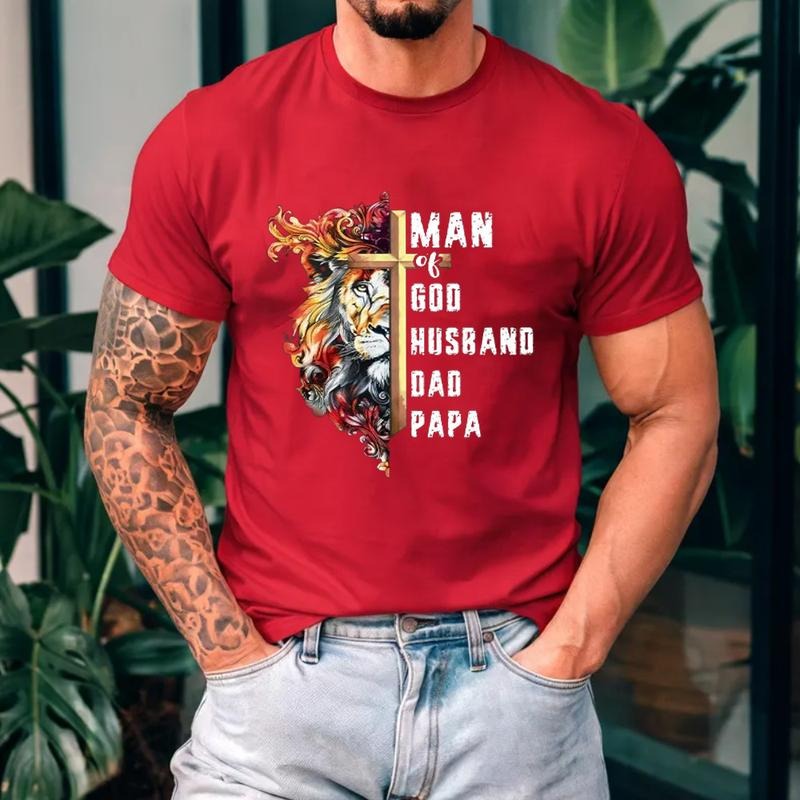 Man Of God Christian Lion T-Shirt Casual Style Crew Neck Short Sleeve T-Shirt Tops Trendy for Unisex, Perfect Gift...