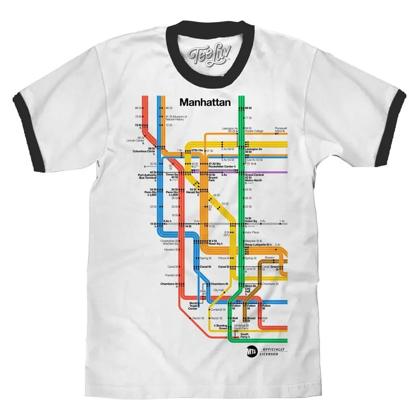 Manhattan Metro Map Ringer T-Shirt - White and Black Hoodie, Sweatshirt | UrbanDripWear.com