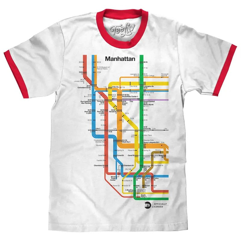 Manhattan Metro Map Ringer T-Shirt - White and Red Hoodie, Sweatshirt | UrbanDripWear.com