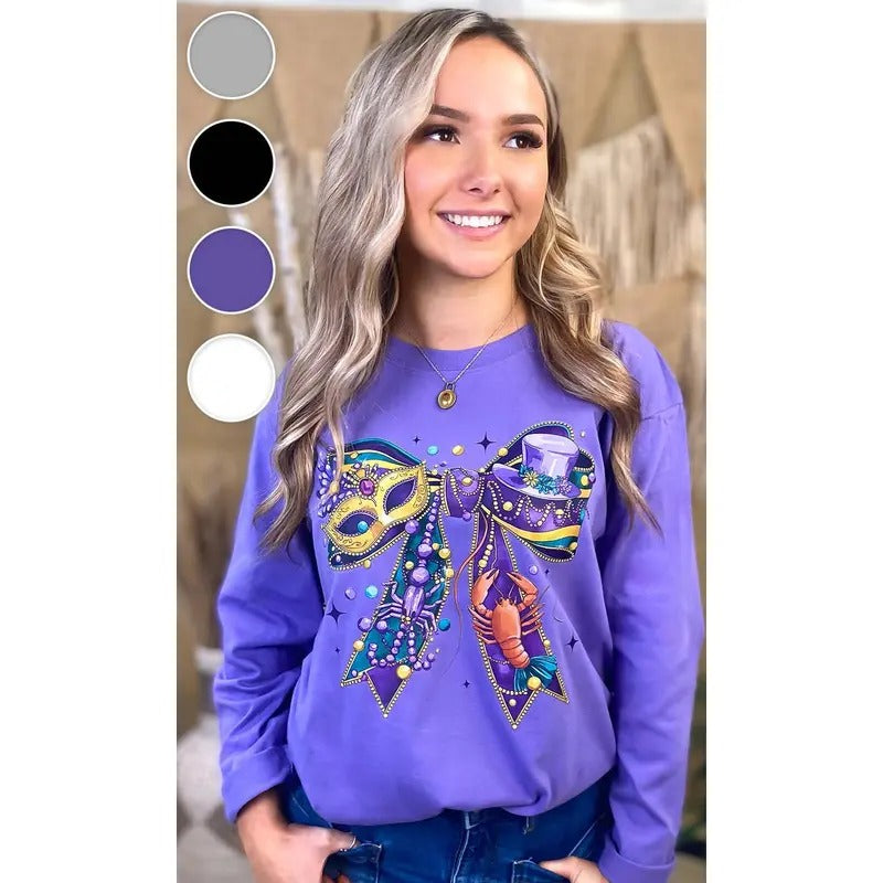 Mardi Gras Bow Graphic Long Sleeve T-Shirt Hoodie, Sweatshirt | UrbanDripWear.com