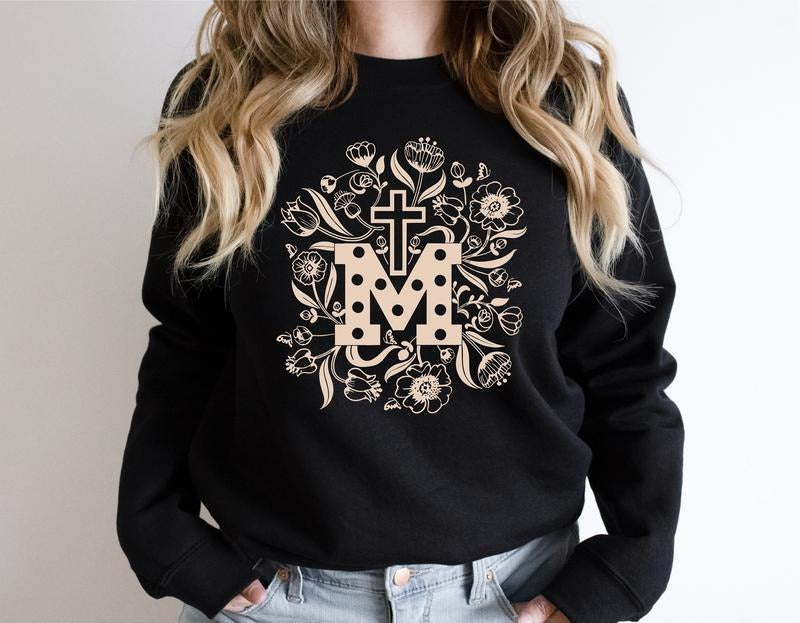 Marian Catholic Sweatshirt, Assumption of Mary Hoodie, Floral Religious Sweatshirt, Catholic Gift Hoodie For Woman, M &...
