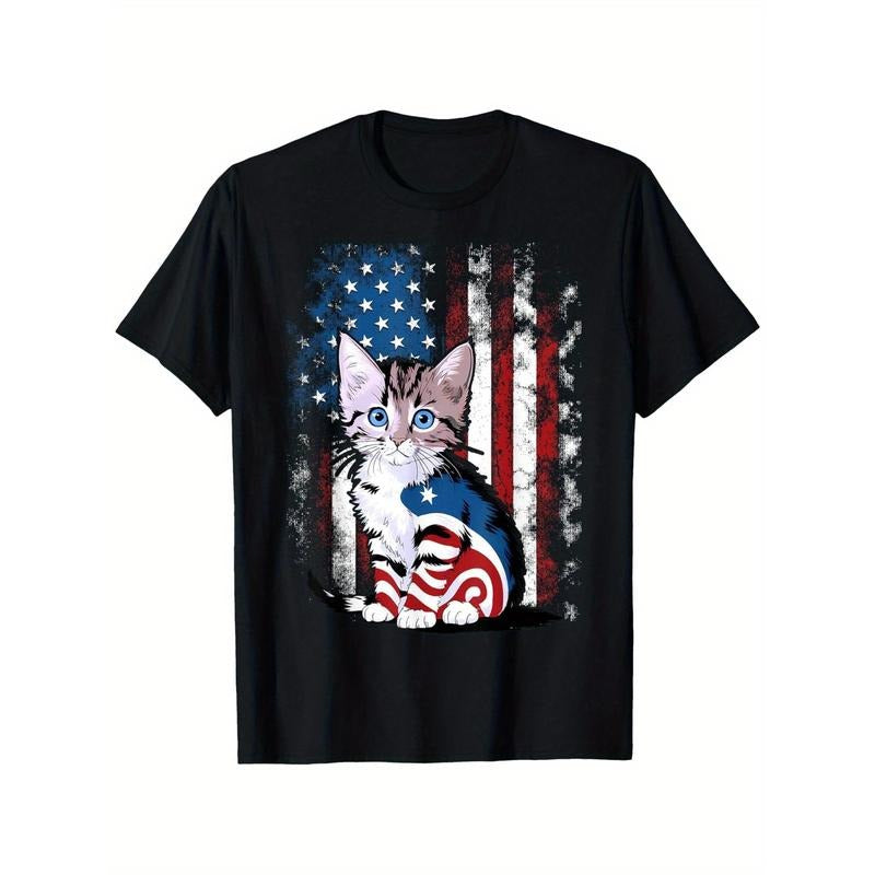 Memorial Day Cat Funny Kitten 4th of July Patriotic Usa Flag T-Shirt100% Round Neck T-shirt Halloween Thanksgiving...