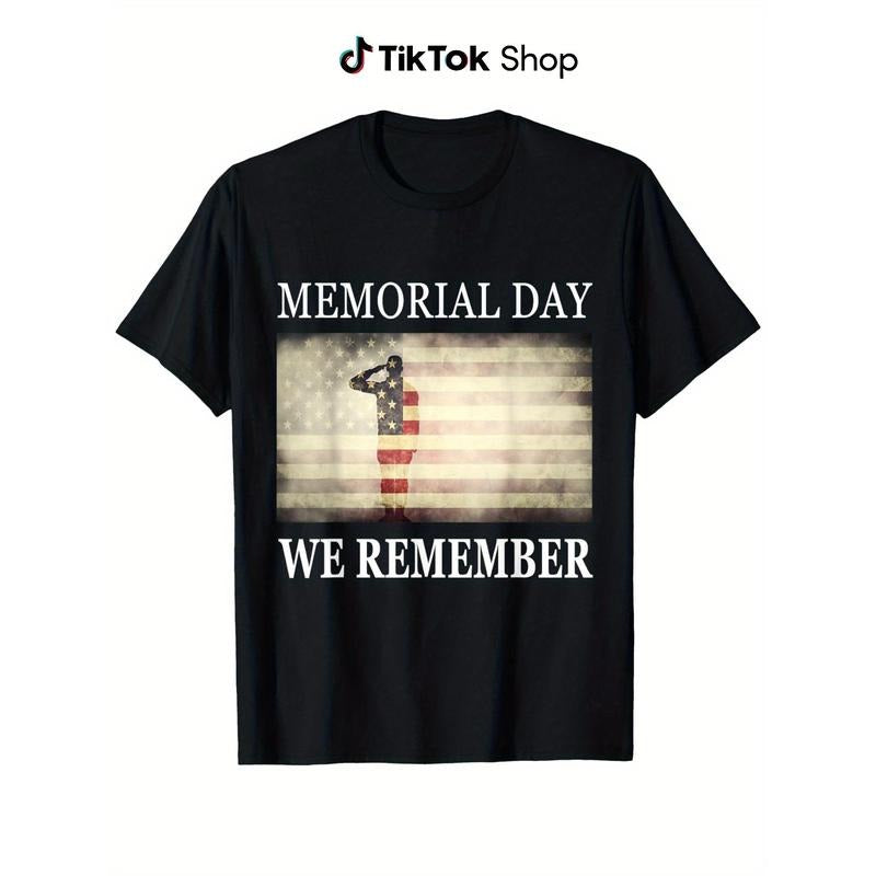 Memorial Day Patriotic T-Shirt for Men & Women -  Short Sleeve Tee with American Flag Salute Design & "We Remember" Text