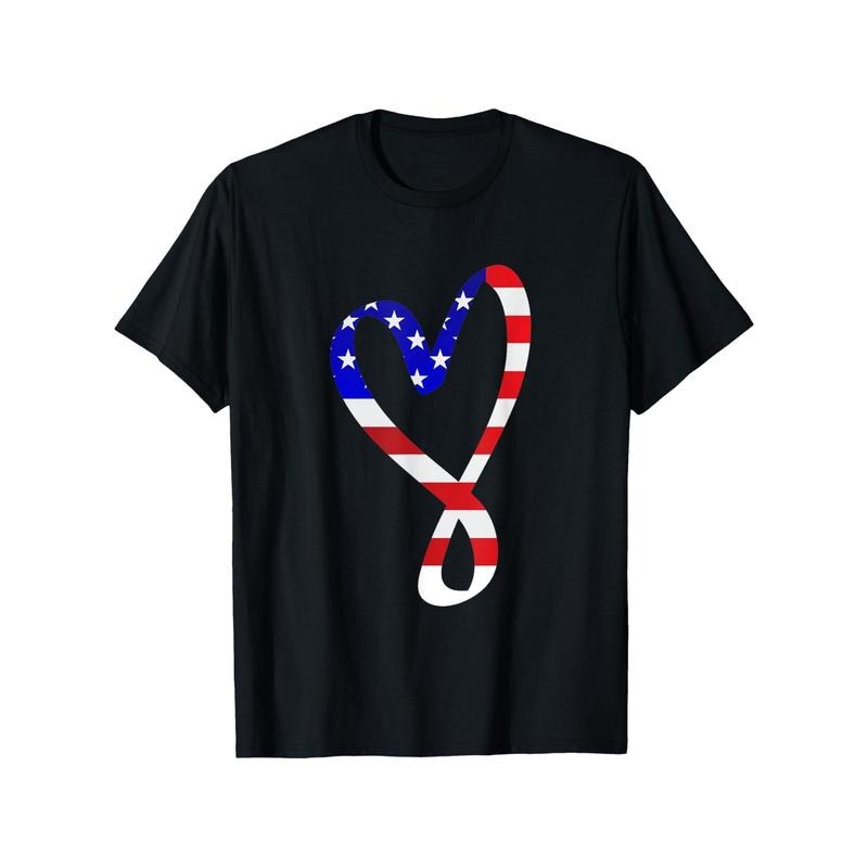 Memorial Day Patriotic USA Flag Heart Design T-Shirt - 100% Cotton 180G Heavyweight Crew Neck Tee for Men & Women, ,...